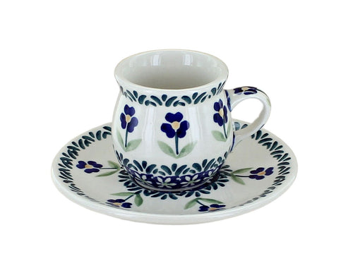Polish Pottery Blue Daisy Espresso Cup & Saucer