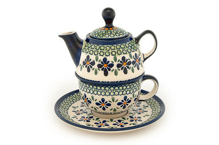 Mosaic Flower Individual Teapot & Cup Polish Pottery
