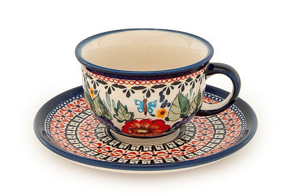 Floral Butterfly Cup & Saucer Polish Pottery