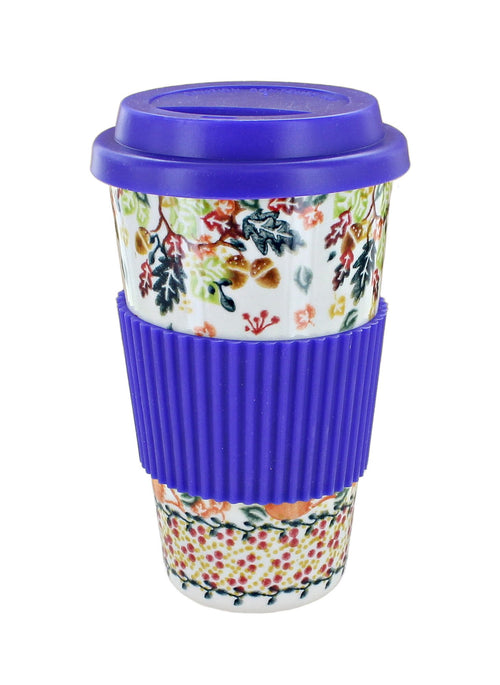 Polish pottery forest friends travel coffee mug with silicone gripper