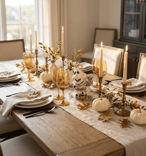 A styled autumn dining table with a cream runner, gold candlesticks, amber glassware, white pumpkins, dried leaves, and a small decorative skull centerpiece in a warm indoor setting.