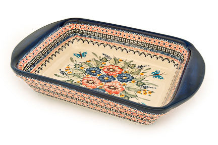 Floral Butterfly Large Rectangular Baker with Handles Polish Pottery