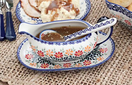 Garden Bouquet Gravy Boat & Ladle Polish Pottery