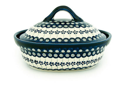 Flowering Peacock Small Oval Baker with Lid Polish Pottery