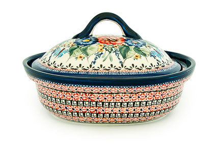 Floral Butterfly Small Oval Baker with Lid Polish Pottery