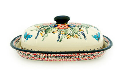 Floral Butterfly Bread Container Polish Pottery