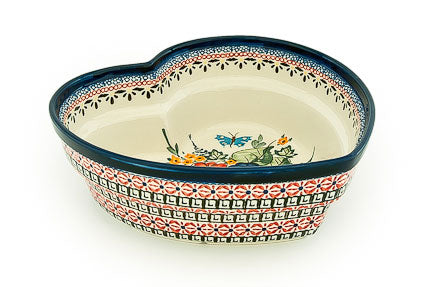 Floral Butterfly Large Heart Bowl Polish Pottery