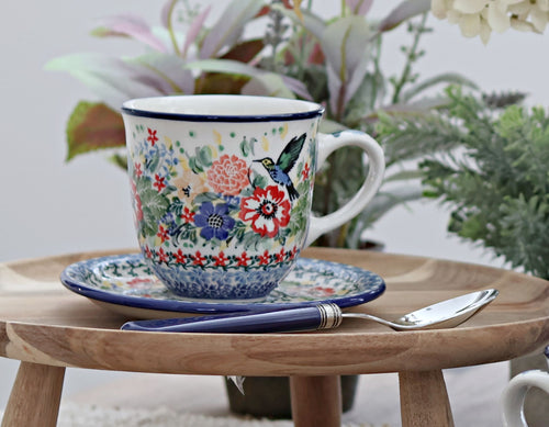 Hummingbird Coffee Mug & Saucer Polish Pottery