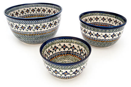 Mosaic Flower Mixing Bowl Set Polish Pottery