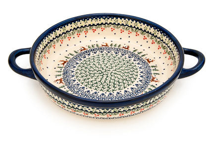 Reindeer Delight Small Round Baker with Handles Polish Pottery