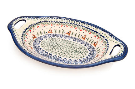 Reindeer Delight Bread Tray with Handles Polish Pottery