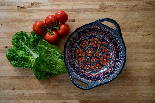 Jungle Flower Deep Bowl with Handles Polish Pottery