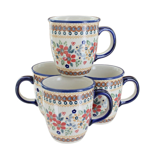 Polish Pottery Red Daisy 4 Piece Mug Set