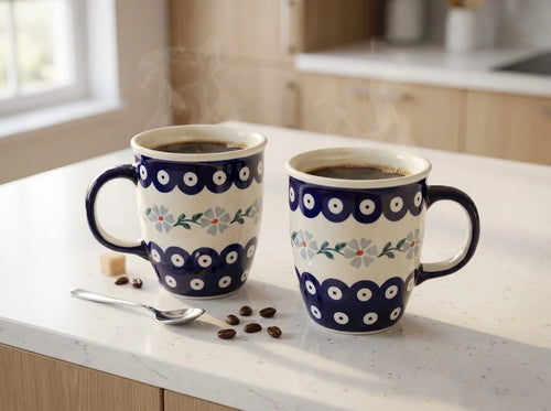 Two ceramic mugs filled with coffee on a kitchen counter, decorated with a navy blue and white eye pattern and delicate floral accents. A spoon and coffee beans sit nearby, with steam rising from the mugs in a softly blurred kitchen setting.