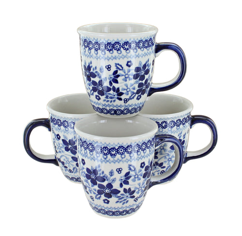 Polish Pottery Vintage Blue Daisy 4 Piece Mug Set