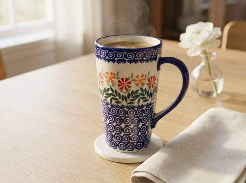 A tall ceramic mug with a cream base, dark blue border patterns, and a floral band in orange, green, and red, filled with a hot beverage and sitting on a coaster on a wooden table.