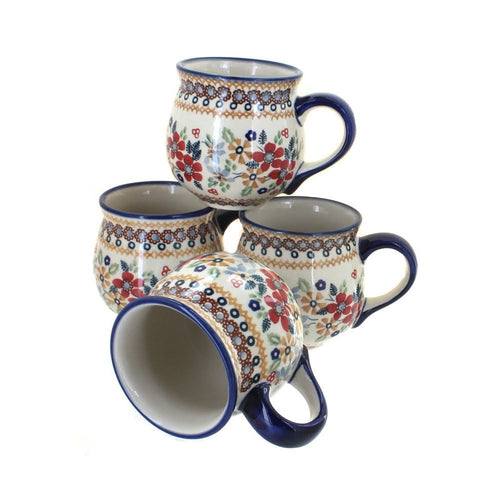 Polish Pottery Red Daisy 4 PIece Bubble Mug Set