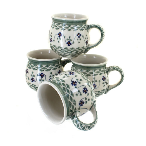 Polish Pottery Sage Floral 4 Piece Bubble Mug Set
