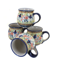 Polish Pottery Blue Butterfly 4 Piece Bubble Mug Set