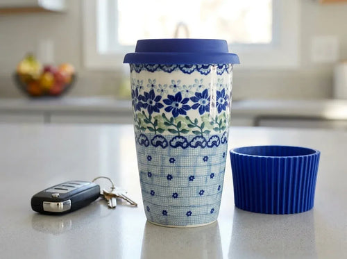 hallsey travel coffee mug on kitchen counter by pair of car keys