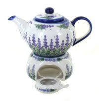 Polish Pottery Lavender Fields Teapot with Warmer & Candle Holder