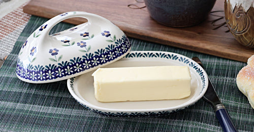 Blue Daisy Butter Dish with Handle Polish Pottery