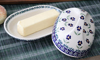 Blue Daisy Butter Dish with Handle Polish Pottery