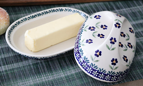 Blue Daisy Butter Dish with Handle Polish Pottery
