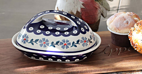 Blue Violet Butter Dish with Handle Polish Pottery