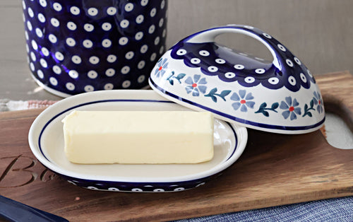 Blue Violet Butter Dish with Handle Polish Pottery