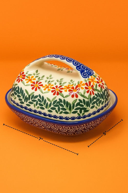 Garden Bouquet Butter Dish with Handle Polish Pottery