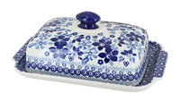 Polish Pottery Vintage Blue Daisy Large Butter Dish