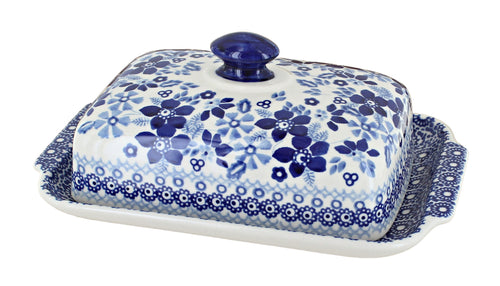 Polish Pottery Vintage Blue Daisy Large Butter Dish