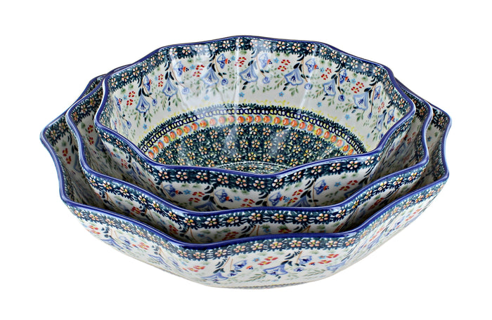 Polish Pottery Periwinkle Decagonal Serving Bowl Set