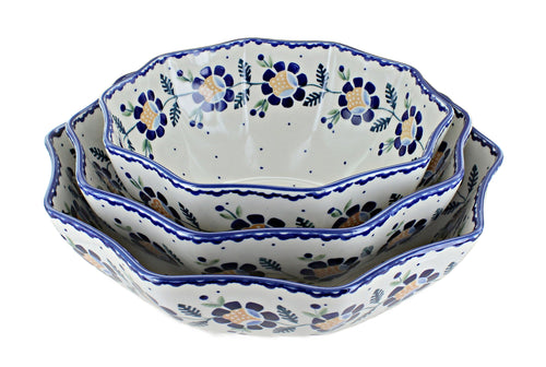 Polish Pottery Sunflower Decagonal Serving Bowl Set