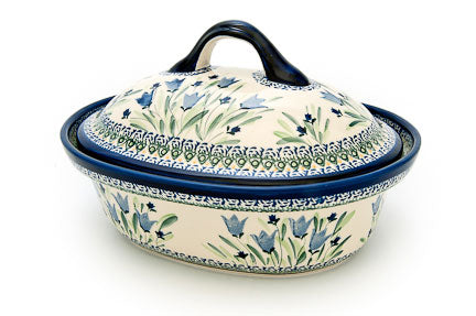 Blue Tulip Roaster with Lid Polish Pottery
