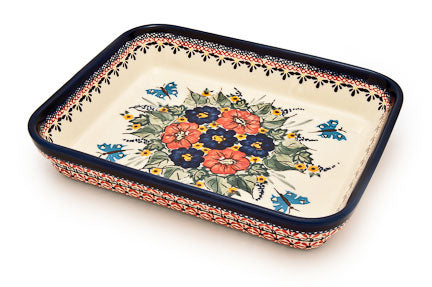 Floral Butterfly Small Rectangular Baker Polish Pottery