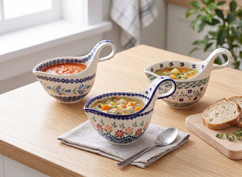 Three floral ceramic soup servers styled with bowls of soup on a light wood table, alongside a spoon, napkin, and slices of bread.