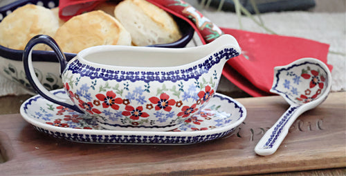 Red Poppy Gravy Boat & Ladle Polish Pottery