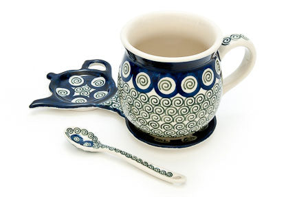 Peacock Swirl Mug & Saucer Gift Set Polish Pottery