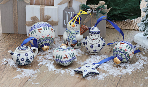 Reindeer Delight Snowman Ornament Polish Pottery