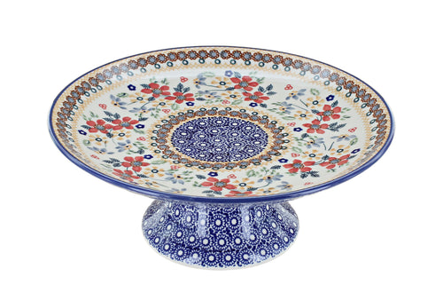 Polish Pottery Red Daisy Pedestal Cake Plate