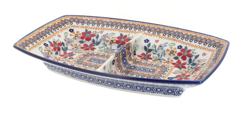 Polish Pottery Red Daisy Divided Dish