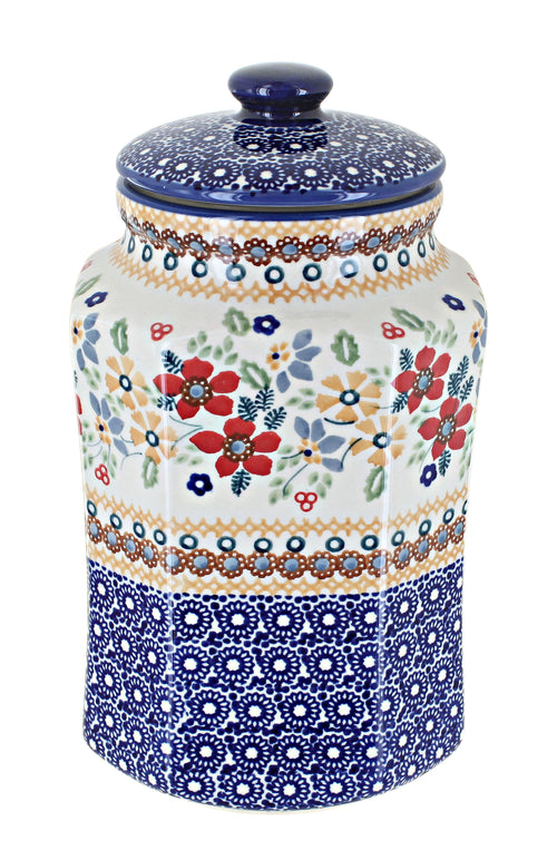 Polish Pottery Red Daisy Small Canister with Seal