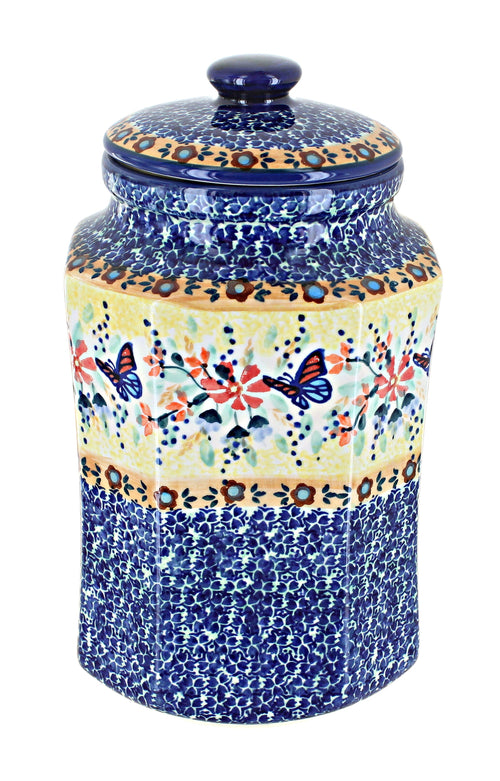 Polish Pottery Blue Butterfly Small Canister with Seal