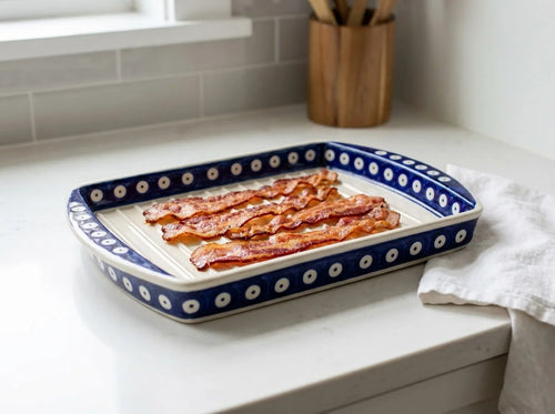 Polish pottery dots bacon cooker on kitchen counter with crispy bacon
