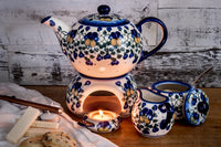 Pansies Teapot with Warmer & Candle Holder Polish Pottery