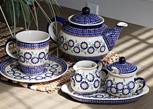 Peach Blossom Sugar & Creamer Set with Tray Polish Pottery