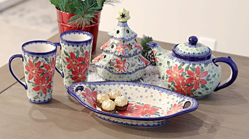 Pointsettia Bread Tray with Handles Polish Pottery