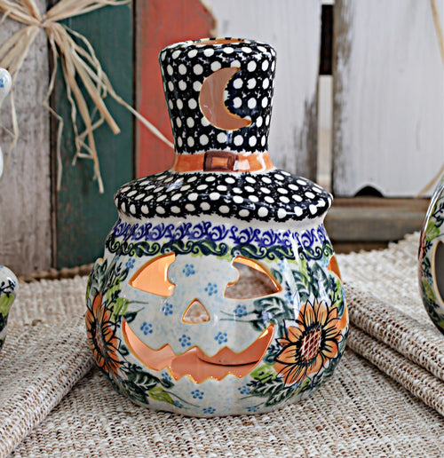 Sunflower Splendor Pumpkin Luminary with Top Hat Polish Pottery